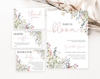 May include: Baby shower invitation with floral design. The invitation reads "Baby in Bloom" and includes the name Samantha Green, date, time, and location. The invitation also includes a diaper raffle and a request for books for the baby.
