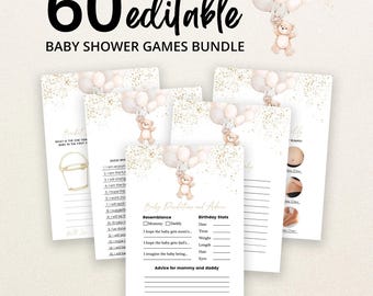 Op de afbeelding: Een bundel van 60 bewerkbare babyshower-spelkaarten met een teddybeer die een tros beige en witte ballonnen met gouden glitteraccenten vasthoudt. De kaarten bevatten tekst voor voorspellingen en advies in zwarte inkt.