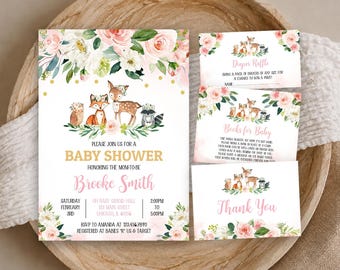 Editable Girl Floral Woodland Baby Shower Invitation Bundle, Girl Woodland Baby Shower Invite, Pink Floral Woodland Baby Shower, BBS145