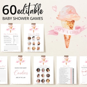 May include: A set of printable baby shower games with an ice cream cone theme. The games include "Baby Predictions and Advice", "Baby or Beer Belly", "Who Knows Mommy Best?", "Guess How Many Candies Are in the Jar", "Baby in a Jar", "Guess Who", and "Bucket List for the First Year".