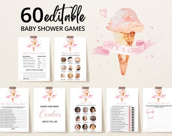 Editable Aquí está la primicia Es un paquete de juegos de baby shower para niñas, paquete de juegos de baby shower con helado rosa, juegos de baby shower de verano para niñas, BBS683
