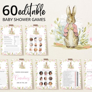 Bearbeitbares Peter Rabbit Babypartyspiel Bundle, Pinkes Peter Rabbit Babypartyspielpaket, Mädchen Peter Rabbit Babypartyspiele, BBS300
