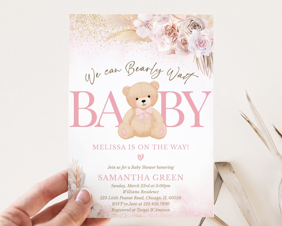Editable Pink Girl Bear Boho Baby Shower Invitation, We Can Bearly Wait ...