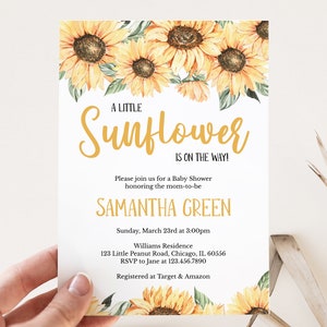 Bearbeitbare Sonnenblume-Babyparty-Einladung, Mädchen-rustikale Sonnenblume-Babyparty-Einladung, Boho Sonnenblume-Babyparty-Einladung, BBS260