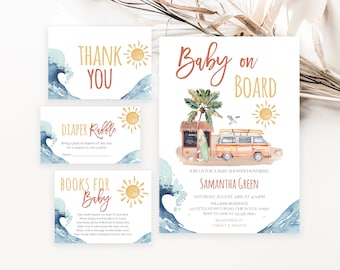 Editable Gender Neutral Baby on Board Baby Shower Invitation Bundle, Surfing Baby Shower Invite, Beach Summer Baby Shower, BBS671