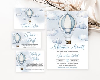 May include: A blue and white hot air balloon with clouds in the background. The text "Adventure Awaits" is written in a cursive font. The text "Join us for a Baby Shower honouring Samantha Reed" is written below the balloon. The date and time of the event are listed below the text. The address and RSVP information are listed below the date and time. The text "Registered at Target and Amazon" is written at the bottom of the invitation.