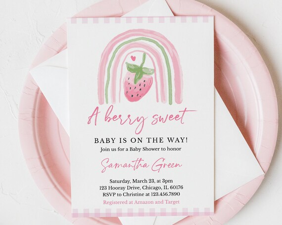 Editable Strawberry Baby Shower Invitation Berry Sweet Baby 