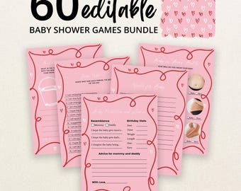 May include: A bundle of 60 editable baby shower game cards featuring a pink background with red heart outlines and decorative red swirling borders. The cards include text for various activities like Baby Predictions and Advice, Guess Who, and Baby or Beer Belly.