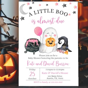 Editable Pink A Little Boo Baby Shower Invitation, Girl Halloween Baby Shower Invite, Pink Ghost Halloween Baby Shower Invite, BBS338