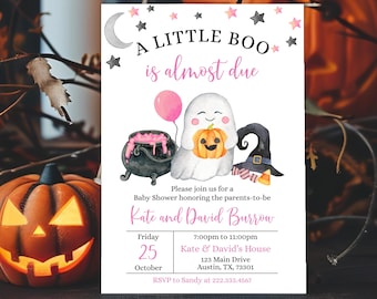 May include: A Halloween-themed baby shower invitation with the text "A Little Boo is almost due." The invitation features a cartoon ghost holding a pumpkin, a witch's hat, and a cauldron. The date is October 25th.