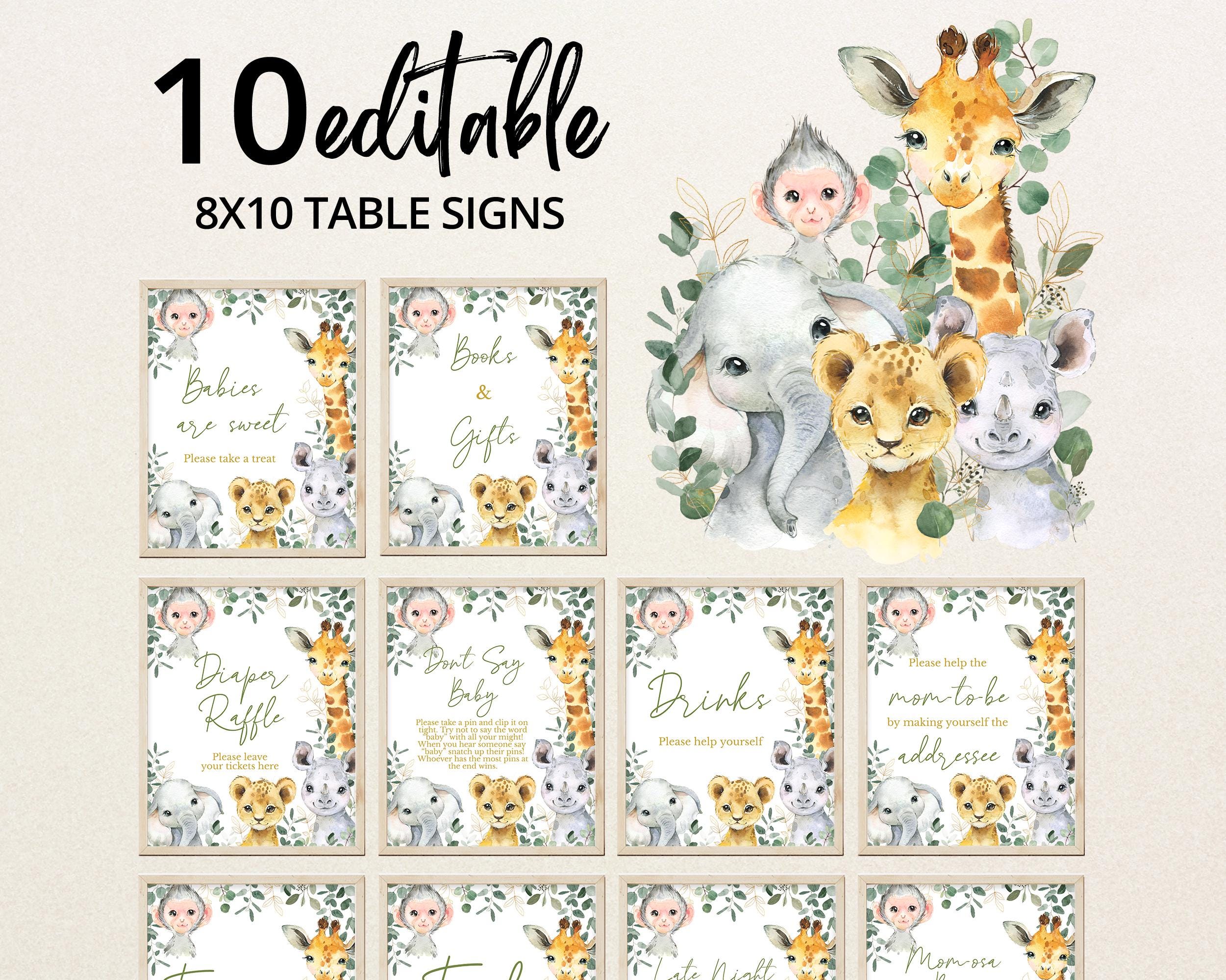 Editable Wild One Boy Baby Shower Table Sign, Safari Jungle Shower Babies are Sweet Favors, Greenery Safari Animals Diaper Raffle, BBS864