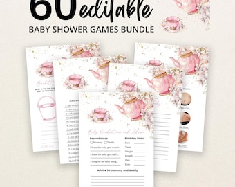 Puede incluir: Un paquete de 60 tarjetas de juegos para baby shower editables con una ilustración en acuarela de una tetera y taza rosa rodeadas de flores. Las tarjetas incluyen texto como Baby Predictions and Advice con líneas para escribir.