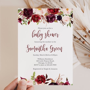 Editable Burgundy Floral Baby Shower Invitation, Girl Burgundy Baby Shower Invitation, Marsala Floral Baby Shower Invitation, BBS262