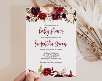 Editable Burgundy Floral Baby Shower Invitation, Girl Burgundy Baby Shower Invitation, Marsala Floral Baby Shower Invitation, BBS262