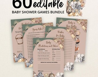 May include: A bundle of 60 editable baby shower game cards featuring watercolor safari animal illustrations, including giraffes, elephants, lions, and zebras, with text headers like Baby Predictions and Advice, Guess Who, and Wishes for Baby.