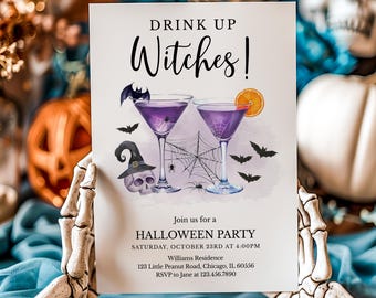 Editable Drink Up Witches Halloween Party Invitation, Halloween Cocktail Party Invite, Halloween Witch Girls Night Mobile Invite, SNL667