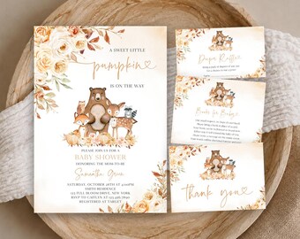 May include: A baby shower invitation set featuring watercolour illustrations of a bear, fox, deer, and raccoon surrounded by orange and cream flowers. The text reads A sweet little pumpkin is on the way, baby shower, and includes event details.