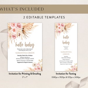 K&ouml;nnte beinhalten: Zwei druckbare Babyparty-Einladungsvorlagen im Boho-Stil. Die Einladungen zeigen ein Aquarell-Blumenmuster mit Pampasgras und dem Text "hello baby". Der Text auf den Einladungen enth&auml;lt den Namen Samantha Green, das Datum und die Uhrzeit der Party, den Ort und die RSVP-Informationen. Die Einladungen sind in zwei Gr&ouml;&szlig;en erh&auml;ltlich: 5" x 7" zum Drucken und Versenden per E-Mail sowie 1080px x 1920px & 1125px x 2436px zum Versenden per SMS.