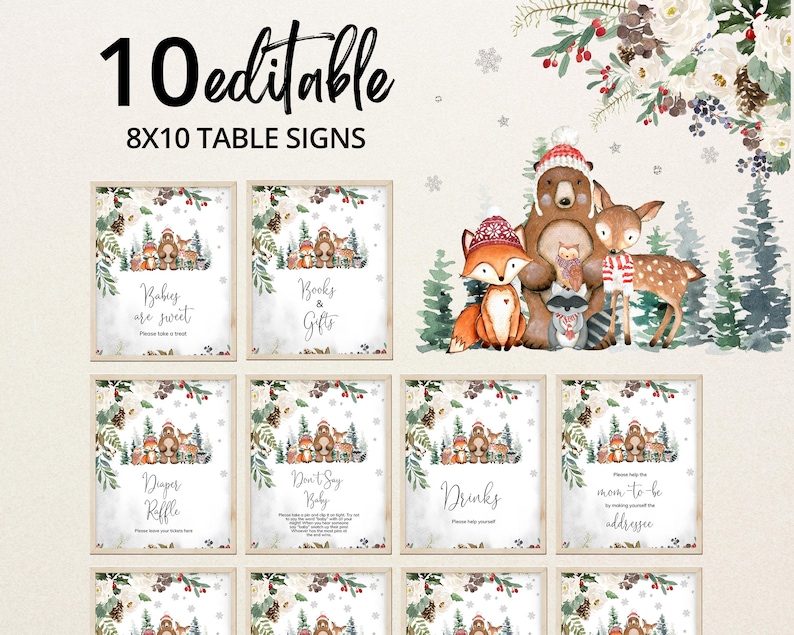 Editable Winter Woodland Baby Shower Table Sign, Floral Woodland Babies