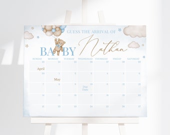 Editable Brown Bear Balloon Baby Shower Guess Baby's Arrival, We Can Bearly Wait Baby Shower Due Date Calendar, Blue Boy Boho Bear, BBS388