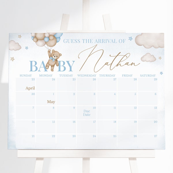 Editable Brown Bear Balloon Baby Shower Guess Baby's Arrival, We Can Bearly Wait Baby Shower Due Date Calendar, Blue Boy Boho Bear, BBS388