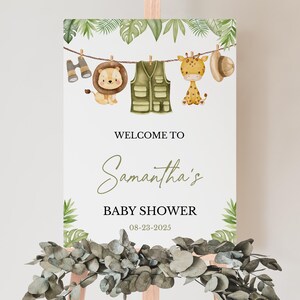 Editable A Little Wild One Baby Shower Welcome Sign, Modern Safari Jungle Baby Shower Poster, Greenery Clothesline Safari Decor, BBS977