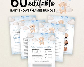 May include: A bundle of 60 editable baby shower game cards featuring a light blue and tan color scheme. Each card displays a teddy bear holding blue balloons among clouds and stars, with printed text including Baby Predictions and Advice.