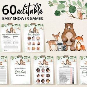 Editable Woodland Baby Shower Game Bundle, Boy Woodland Baby Shower Game Pack, Woodland Animals Baby Shower Games, Greenery Woodland, BBS244