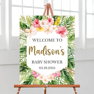 Sinal de boas-vindas do chá de bebê da menina tropical floral editável, cartaz tropical do chá de fraldas de aloha, decoração havaiana do chá de bebê da menina, bbs676