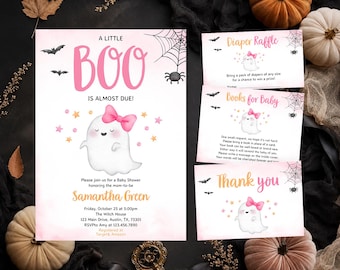 Editable Pink A Little Boo Baby Shower Invitation Bundle, Girl Halloween Baby Shower Invite, Ghost Halloween Baby Shower Invite, BBS451