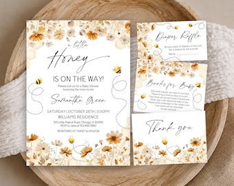 May include: A baby shower invitation set featuring a white background with watercolor yellow flowers, bees, and honeycomb patterns. The text reads A little Honey IS ON THE WAY, Samantha Green, Saturday October 28th, Diaper Raffle, Books for Baby, and Thank you.