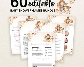 Editable Fall Floral Woodland Baby Shower Game Bundle, Pink Pumpkin Woodland Baby Shower Game Pack, Girl Fall Woodland Shower Games, BBS448