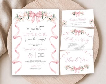 May include: A baby shower invitation set featuring a large main card and three smaller cards. The design includes watercolour pink bows and floral accents on a white background. The text reads A sweet little girl is on her way, Diaper Raffle, Books for Baby, and Thank You.