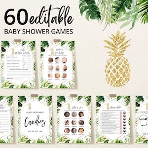 EditableGreenery Gold Pineapple Baby Shower Game Bundle, Aloha Baby Shower Game Pack, Tropical Pineapple Baby Shower Games, Neutral, BBS195