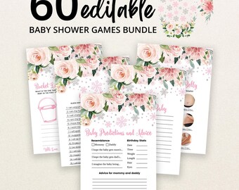 May include: A bundle of 60 editable baby shower game cards featuring a floral design with pink roses, green leaves, and silver snowflakes. The cards include titles like Baby Predictions and Advice, Bucket List, and Guess Who, with blank lines for writing.