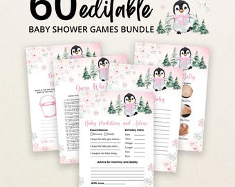 May include: A bundle of 60 editable baby shower game cards featuring a winter theme with illustrations of a penguin wearing a pink scarf, green pine trees, and pink floral accents. The cards include text for games like Guess Who and Baby Predictions and Advice.