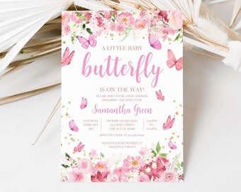 May include: A pink and white baby shower invitation featuring a floral design and butterflies. The text reads "A Little Baby Butterfly is on the Way!" and includes the date, time, and location of the event. RSVP information is also provided.