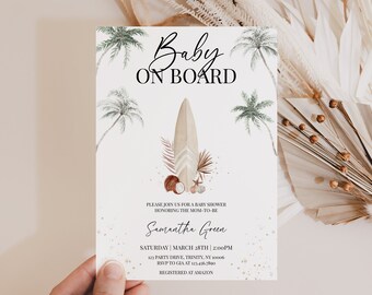 Invitación editable de baby shower de bebé a bordo de género neutro, invitación de baby shower de tabla de surf, baby shower de verano de surf, BBS663