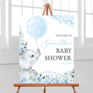 Editable Blue Floral Boy Elephant Baby Shower Welcome Sign, Blue Elephant Baby Shower Welcome Sign, Blue Balloon Elephant Decor, BBS367
