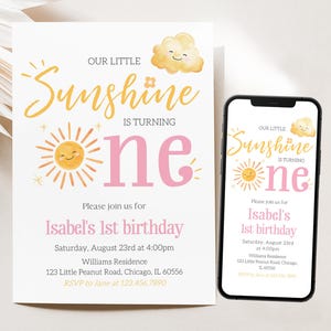 Editable Little Sunshine Birthday Invitation, Minimalist Sunshine 1st Birthday Invite, Pink Sun First Birthday Girl Invite, BRT094