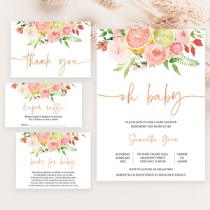 May include: Baby shower invitation set with floral and citrus fruit design. Includes an invitation, thank you card, diaper raffle card, and a book request card. The text says "oh baby".