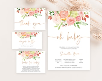 Editable Citrus Baby Shower Invitation Bundle, Citrus Lemon Baby Shower Invitation, Pastel Floral Orange Baby Shower Invite,  BBS695
