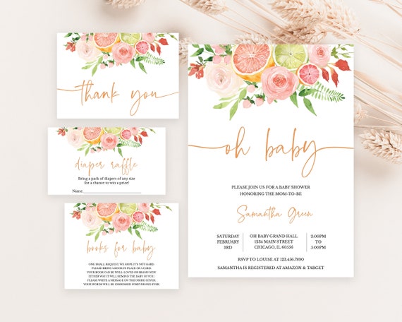 Editable Citrus Baby Shower Invitation Bundle, Citrus Lemon Baby Shower Invitation, Pastel Floral Orange Baby Shower Invite,  BBS695