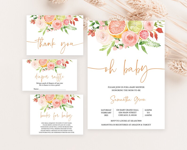 May include: Baby shower invitation set with floral and citrus fruit design. Includes an invitation, thank you card, diaper raffle card, and a book request card. The text says "oh baby".
