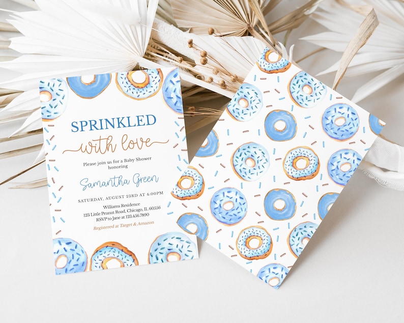 May include: A baby shower invitation with a blue and white donut pattern. The text reads "Sprinkled with love" and includes the name "Samantha Green".