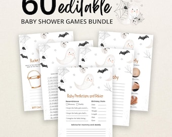 May include: A bundle of 60 editable baby shower game cards featuring a Halloween theme with watercolor ghosts, bats, spiders, and webs. The cards include text such as Baby Predictions and Advice, with blank lines for writing responses and dates.