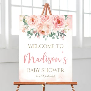 Bearbeitbares Rosa Blumen Baby in Bloom Babyparty Willkommensschild, Mädchen Blumen Babyparty Poster, Rosa Blumendusche Dekor, BBS600