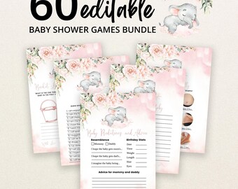 May include: A bundle of 60 editable baby shower game cards featuring a watercolor illustration of a sleeping elephant and pink roses. The cards include text such as Baby Predictions and Advice, with blank lines for writing responses and lists.