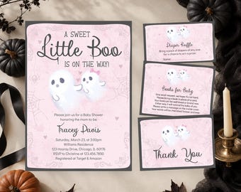 Editable A Little Boo Baby Shower Invitation Bundle, Pink Halloween Baby Shower Invite, Girl Ghost Halloween Baby Shower Invitation, BBS268