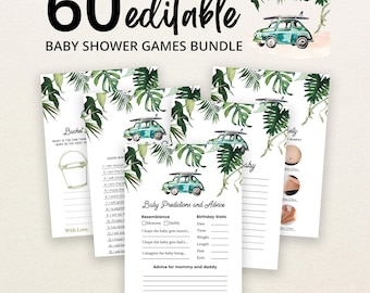 Könnte beinhalten: Ein Set aus 60 bearbeitbaren Babyparty-Spielkarten mit einem aquarellierten grünen Auto mit Surfbrett auf dem Dach und tropischen Palmenblatt-Illustrationen. Die Karten enthalten Text für Baby-Vorhersagen, Ratschläge und Spielanleitungen.